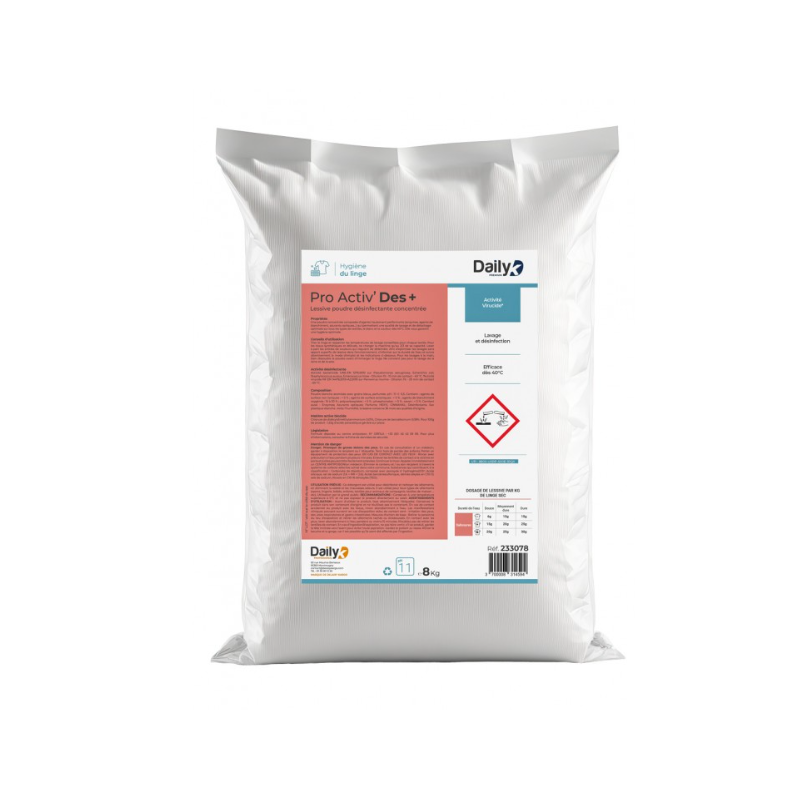 Pro activ' des+ - Lessive poudre désinfectante  concentrée - Sac de 8KG