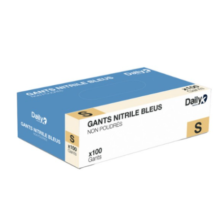 Gants Nitrile bleus - Non poudrés - Taille S - Boite de 100