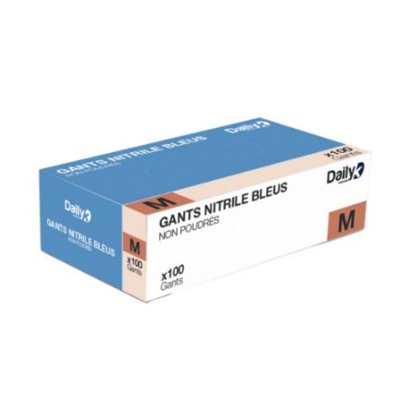 Gants Nitrile bleus - Non poudrés - Taille M - Boite de 100