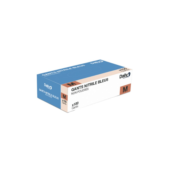 Gants Nitrile bleus - Non poudrés - Taille M - Boite de 100