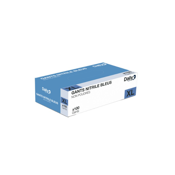 Gants Nitrile bleus - Non poudrés - Taille XL - Boite de 100