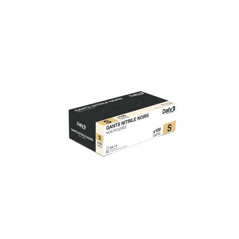 Gants Nitrile noirs - Non poudrés - Taille S - Boite de 100