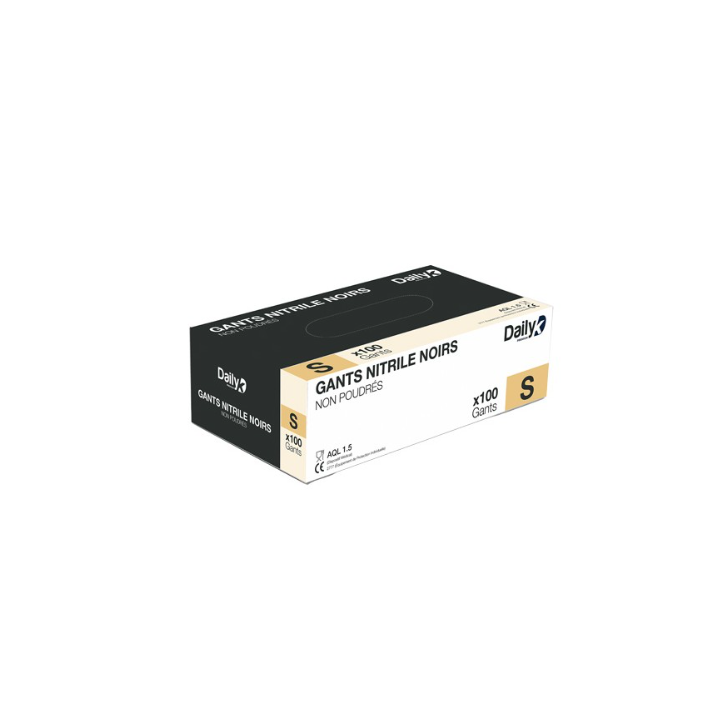 Gants Nitrile noirs - Non poudrés - Taille S - Boite de 100